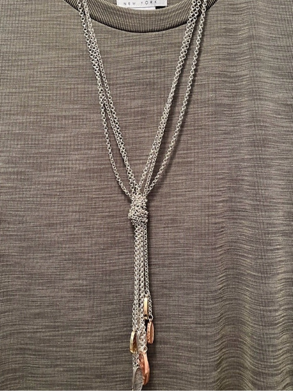 Long Multi Strand Silver Lariat Necklace Mixed Metal Disc Dangle Statement